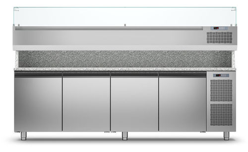 PremiumLine Pizzeria Kühltisch EN60x40 mit 4 Türen (-2°+8°C) + Vitrine 1/3 + Granitarbeitsplatte