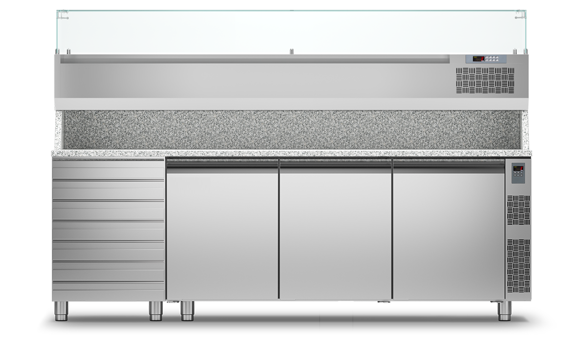 PremiumLine Pizzeria Kühltisch EN60x40 - 3 Türen, Schubladen + Zentralkühlung (-2°+8°C) + V1/3 + AP
