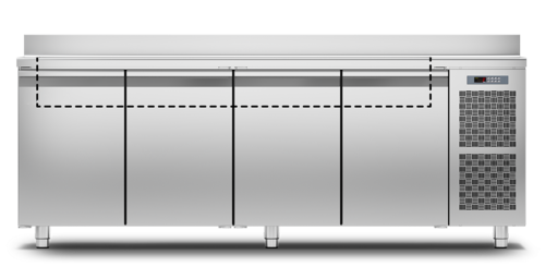 PremiumLine Saladette Kühltisch GN - 710 mm - 4 Tür -2° bis +8°C mit Arbeitsplatte und Aufkantung